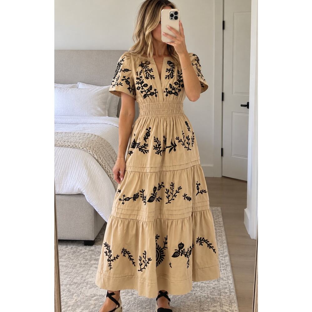 ANTHROPOLOGIE The Somerset Maxi Dress Embroidered In Beige Size Small Petite